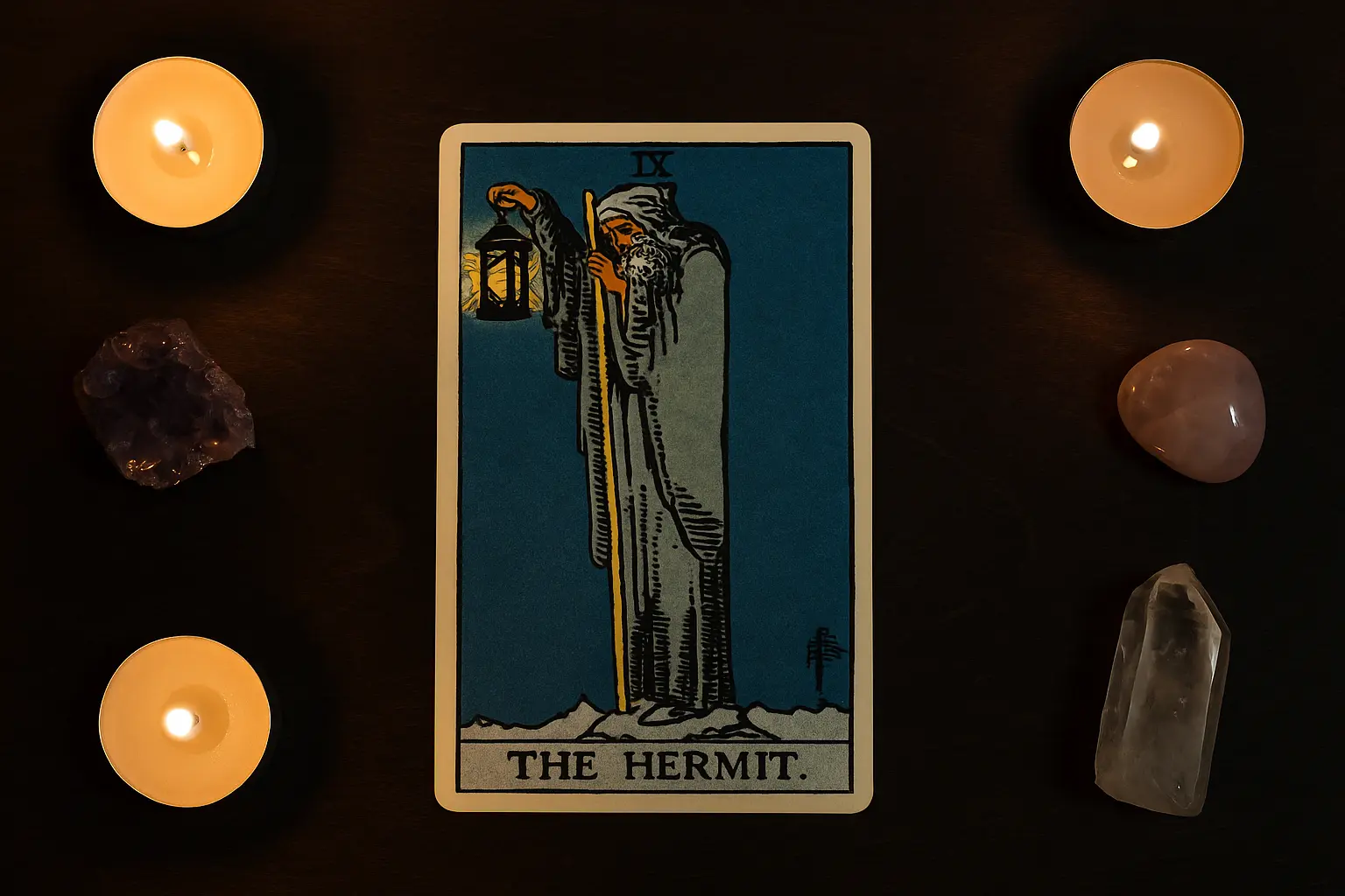 Eremitten tarotkort (IX) fra Rider-Waite dækket, vist i lodret format på en mørk træoverflade omgivet af tændte fyrfadslys samt krystaller som ametyst, rosenkvarts og klar kvarts, hvilket skaber en rolig og introspektiv stemning.