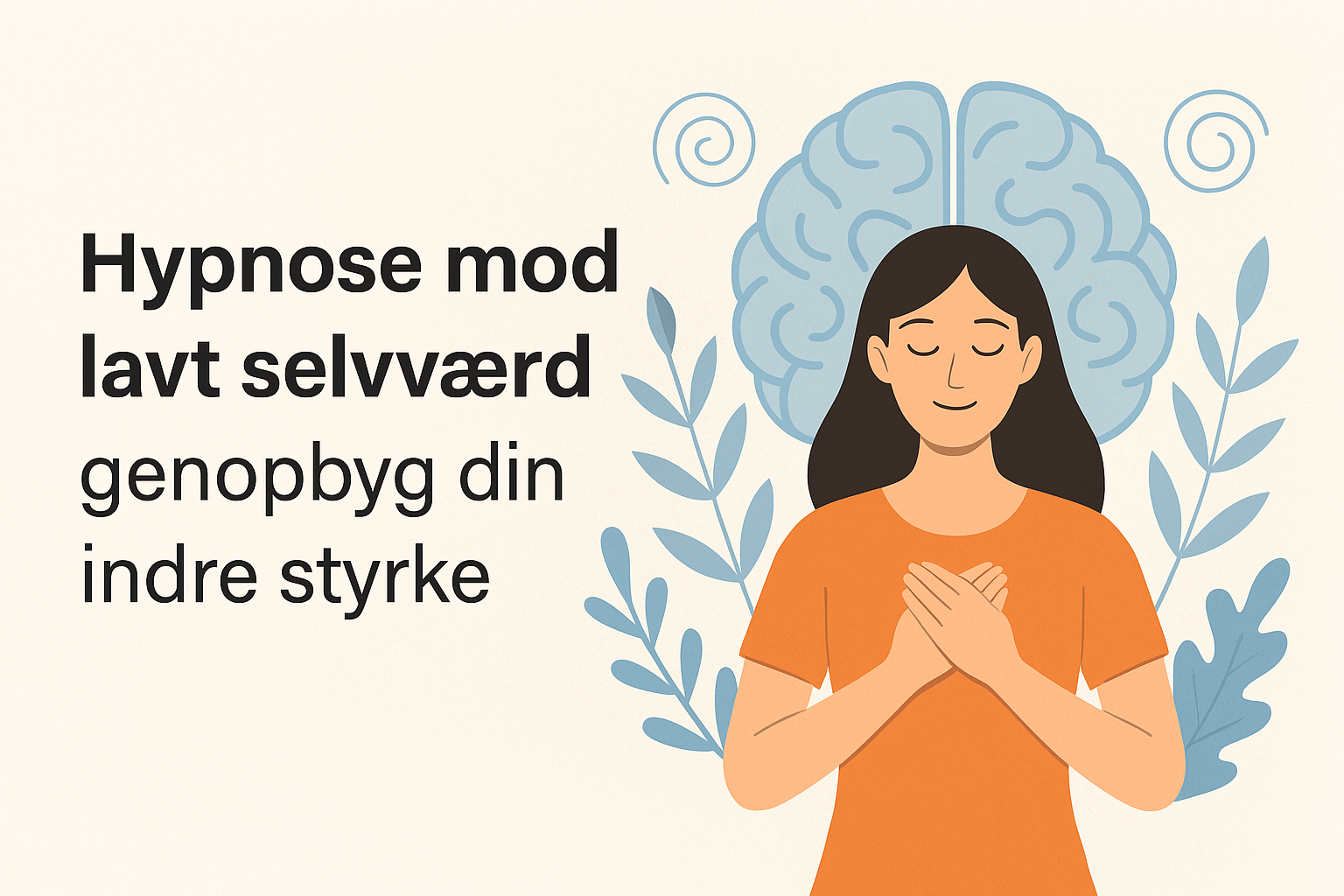 Digitalt banner med tekst “Hypnose mod lavt selvværd – genopbyg din indre styrke”, og en kvinde i rolig tilstand med hænderne på hjertet foran en abstrakt hjerne.