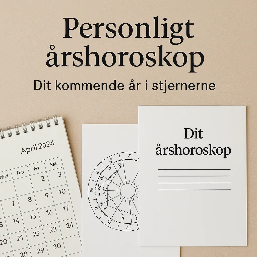 Personligt årshoroskop som PDF med stjernekort, kalender og spirituelle symboler – astrologisk energiguide for det kommende år.